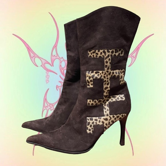 Vintage Lerre Mid-Calf Pointed Toe Brown Boots with Leopard Details - Picture 2 of 8